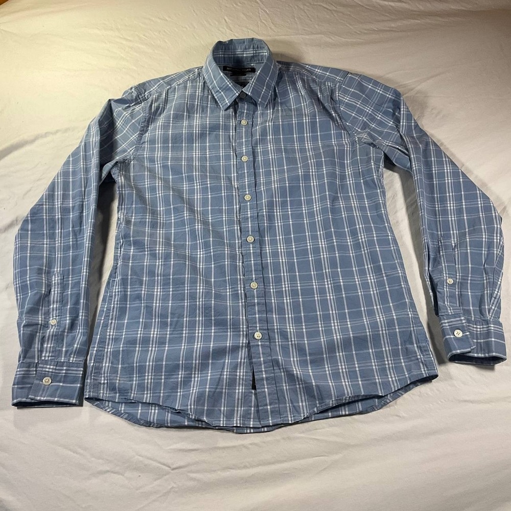Michael Kors Shirt Mens Medium Blue Plaif Button Up Long Sleeve Slim Fit Casual